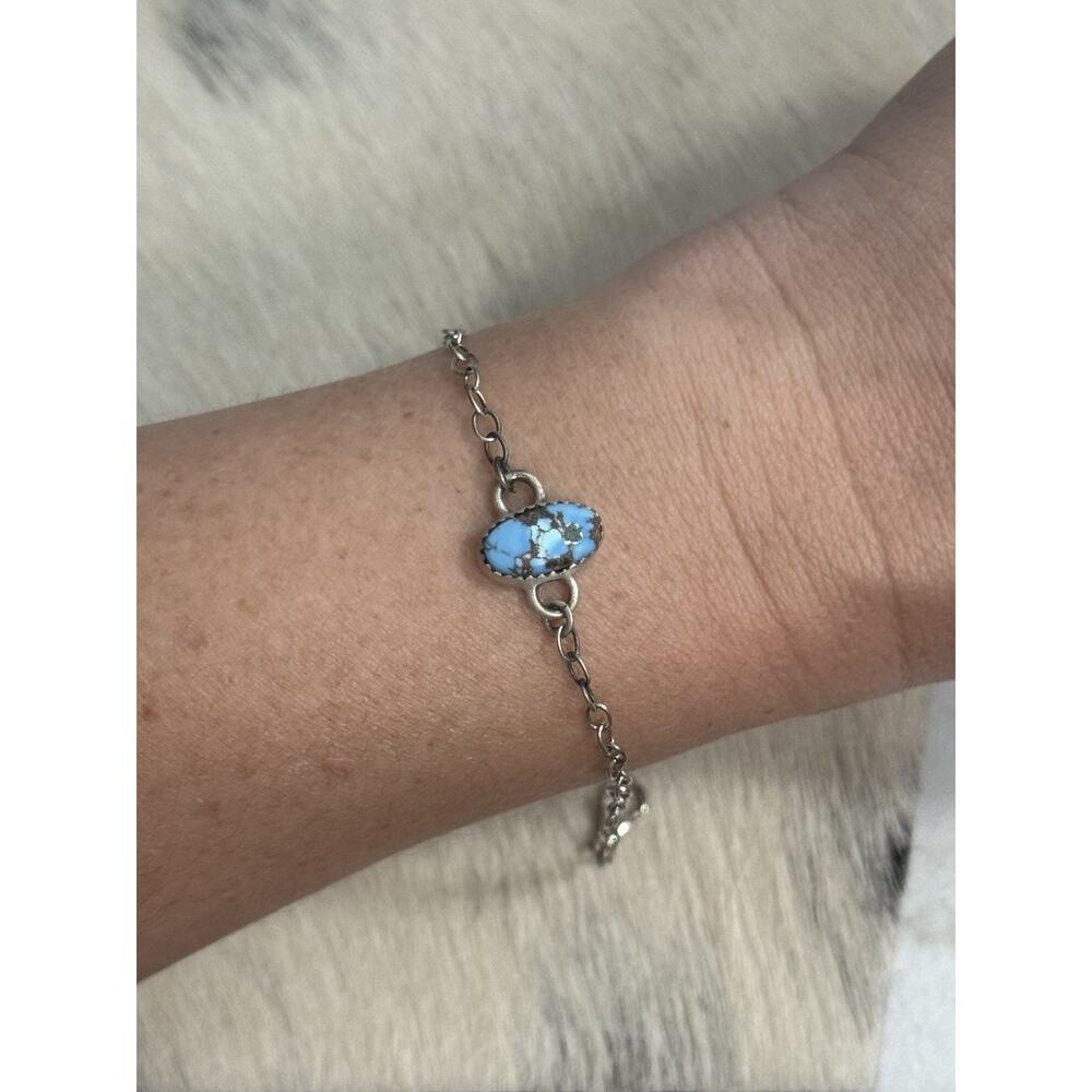 Sterling Silver Blue Golden Hills Turquoise Oval Link Bracelet Stacker 8.25”